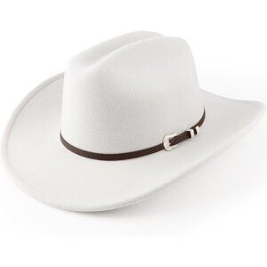 Women's White Western With Brim Belt Buckle Classic Fedora Cowboy Felt Hat